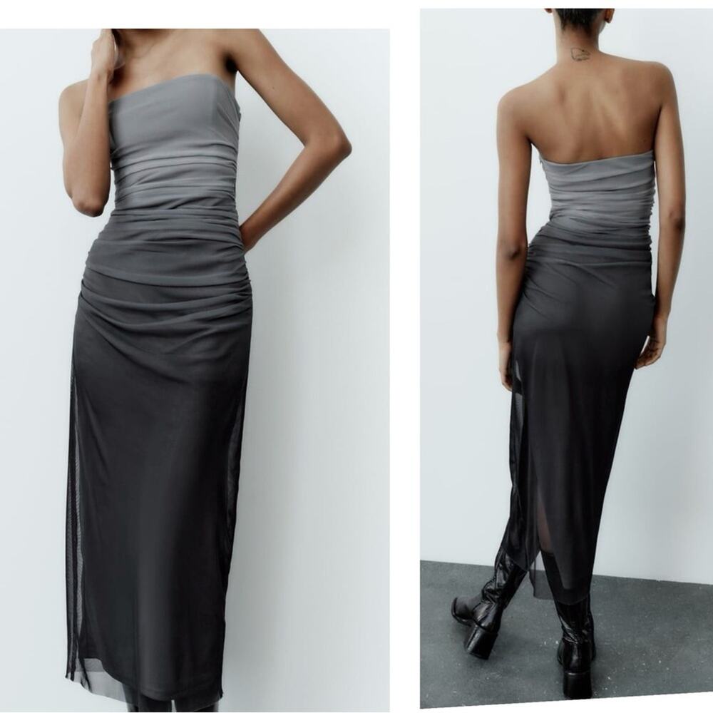 Zara Tulle Strapless Midi Dress Grey Black Ombre Ruched Formal Size Medium NEW